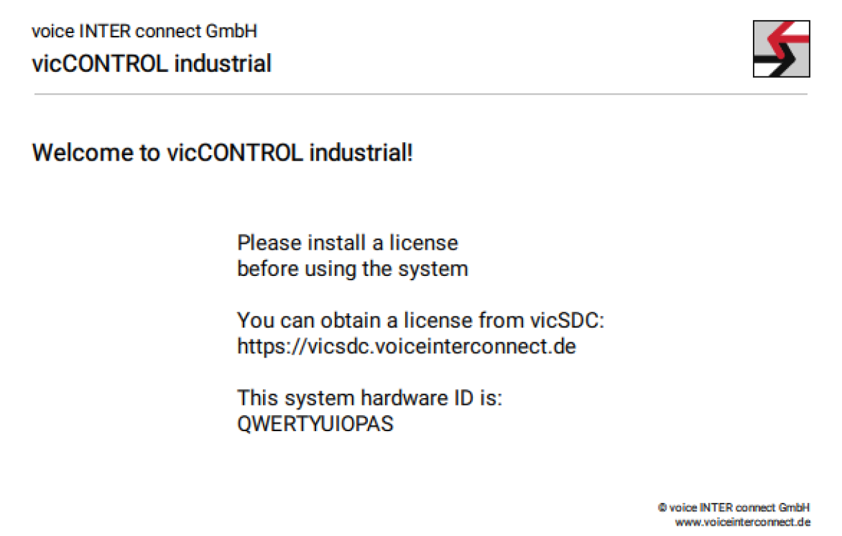 An example of a vicCONTROL Industrial Welcome Screen showing the system ID.